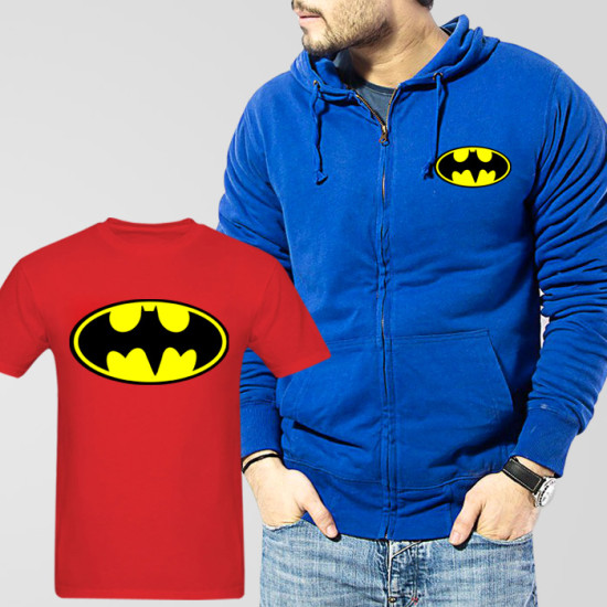 Blue Fleece Zipper Hoodie With Bat Man T-Shirt Blue Fleece Zipper Hoodie With Bat Man T-Shirt