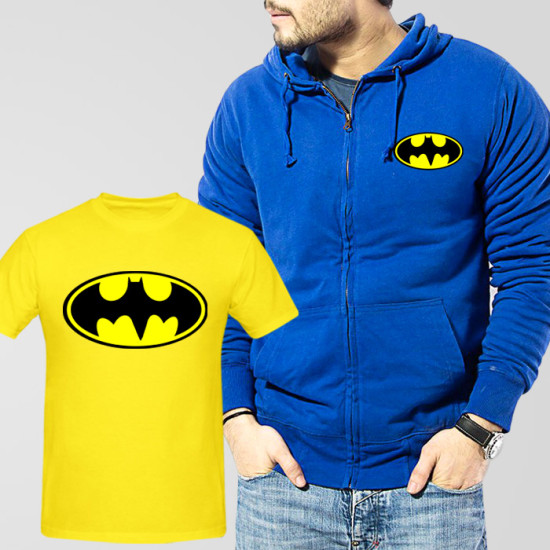 Blue Fleece Zipper Hoodie With Bat Man T-Shirt Blue Fleece Zipper Hoodie With Bat Man T-Shirt