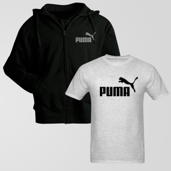 Black Zipper Hoodie With Puma Logo T-Shirt