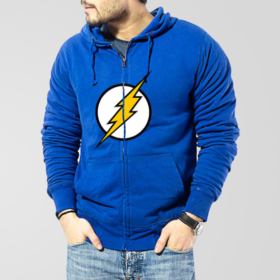 Blue Fleece Zipper Hoodie With Flash Logo