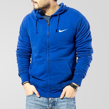 Blue Fleece Zipper Hoodie With Nike Small Logo