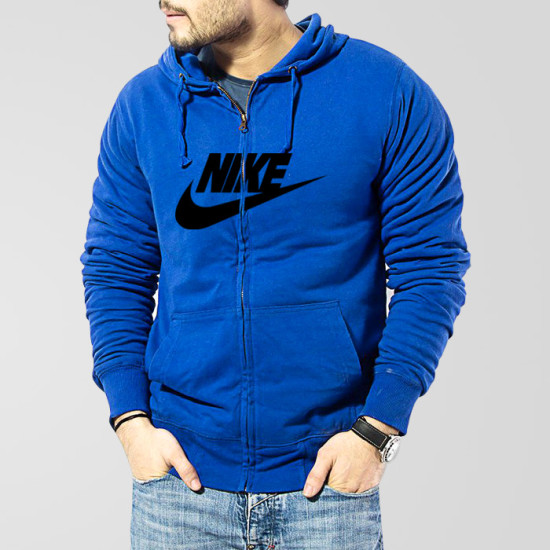 Blue Fleece Zipper Hoodie With Nike Logo