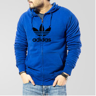 Blue Fleece Zipper Hoodie With Adidas Logo