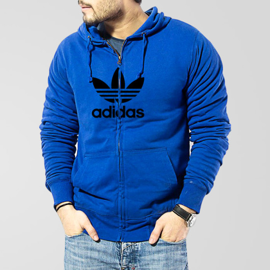Blue Fleece Zipper Hoodie With Adidas Logo