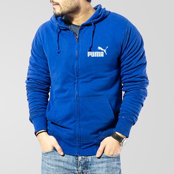 Blue Fleece Zipper Hoodie With Puma Small Logo