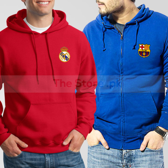 Soccer Hoodies Bundle of Two : Red Real Madrid + Blue Barcelona Soccer Hoodies Bundle of Two : Red Real Madrid + Blue Barcelona