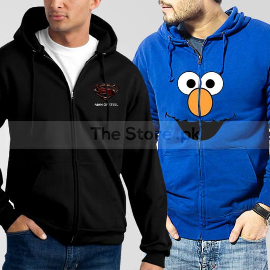 Bundle of 2 Zipper Hoodies: Black Man of Steel + Blue Elmo Face