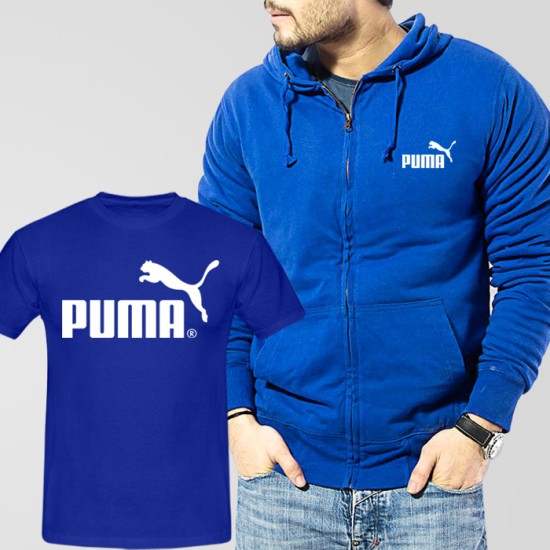 Blue Fleece Zipper Hoodie With Puma T-Shirt