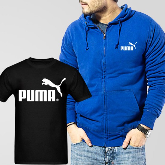 Blue Fleece Zipper Hoodie With Puma T-Shirt