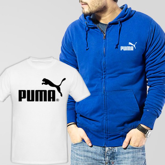 Blue Fleece Zipper Hoodie With Puma T-Shirt