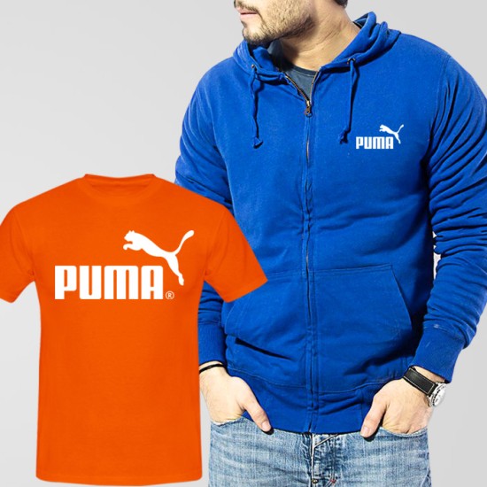 Blue Fleece Zipper Hoodie With Puma T-Shirt