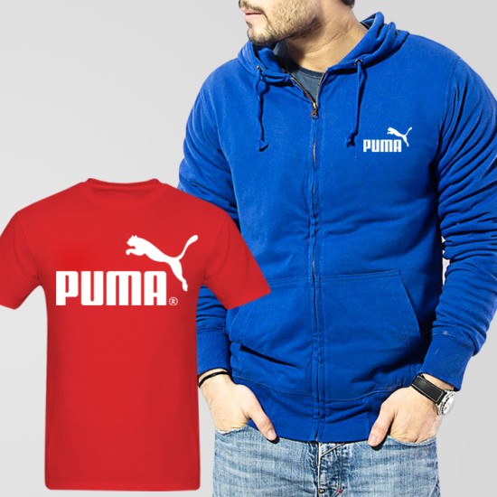 Blue Fleece Zipper Hoodie With Puma T-Shirt