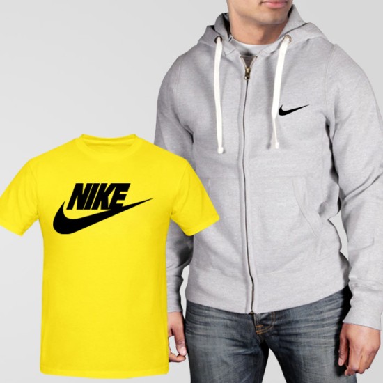 Grey Fleece Zipper Hoodie With Nike T-Shirt