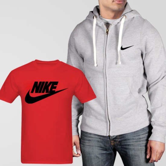 Grey Fleece Zipper Hoodie With Nike T-Shirt