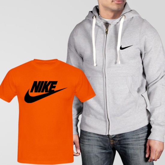 Grey Fleece Zipper Hoodie With Nike T-Shirt