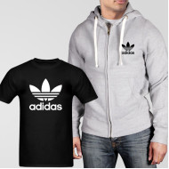 Grey Fleece Zipper Hoodie With Adidas T-Shirt