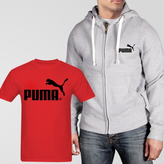 Grey Fleece Zipper Hoodie With Puma T-Shirt