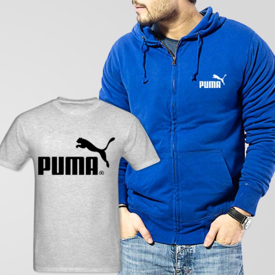 Blue Fleece Zipper Hoodie With Puma T-Shirt