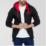 Black Fleece Stylish Zipper Hoodie With Red Contrast