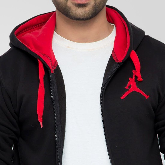 Black Fleece Stylish Zipper Hoodie With Red Contrast