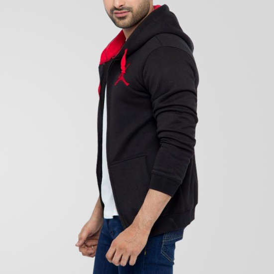 Black Fleece Stylish Zipper Hoodie With Red Contrast