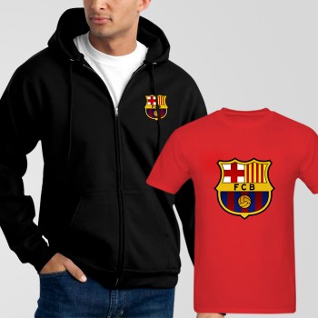 Black Fleece Zipper Hoodie With Barcelona T-Shirt