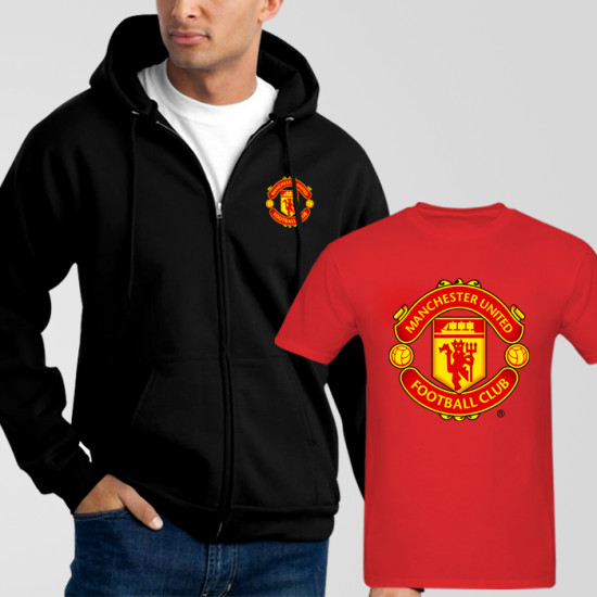 Black Fleece Zipper Hoodie With Manchester United T-Shirt Black Fleece Zipper Hoodie With Manchester United T-Shirt