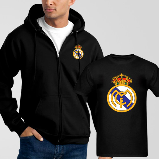 Black Fleece Zipper Hoodie With Real Madrid T-Shirt Black Fleece Zipper Hoodie With Real Madrid T-Shirt