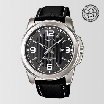 Grey Dial Black Leather Strap Mens Watch