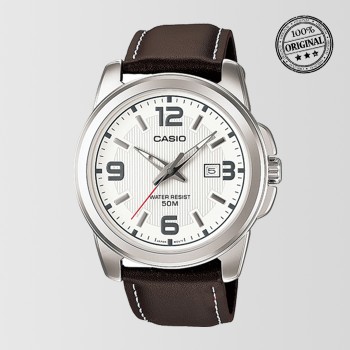 White Dial Brown Leather Strap Mens Watch