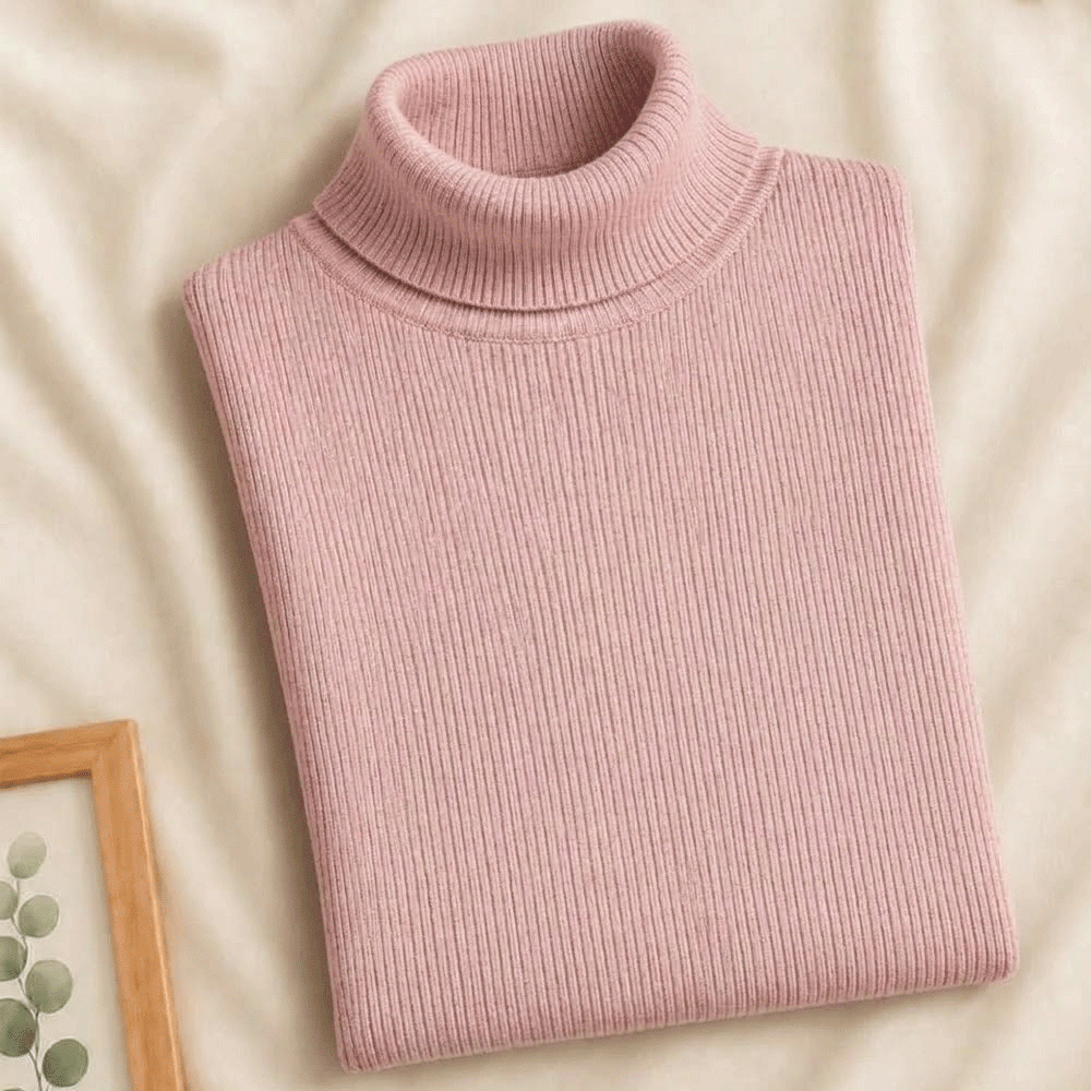Women's Ribbed High-Neck Jumper T-Pink
