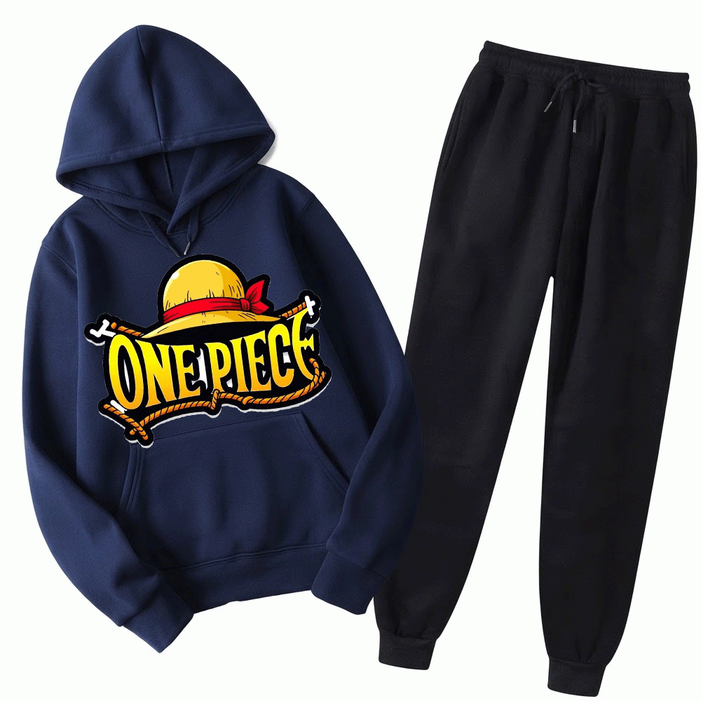 One Piece Straw Hat Printed Fleece Tracksuit for Men – Navy Blue Hoodie & Black Trousers