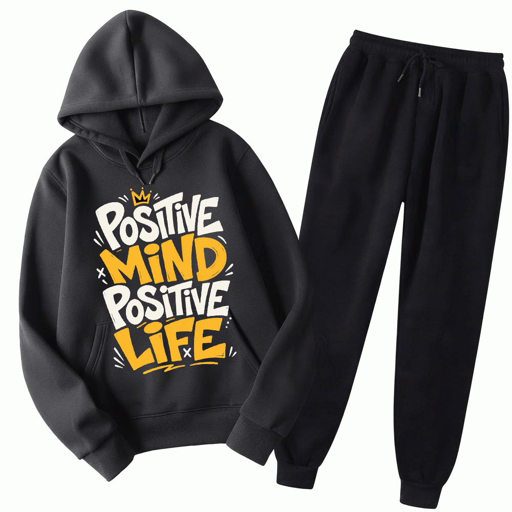Positive Mind Positive Life Printed Fleece Tracksuit for Men – Black Hoodie & Trouser Set