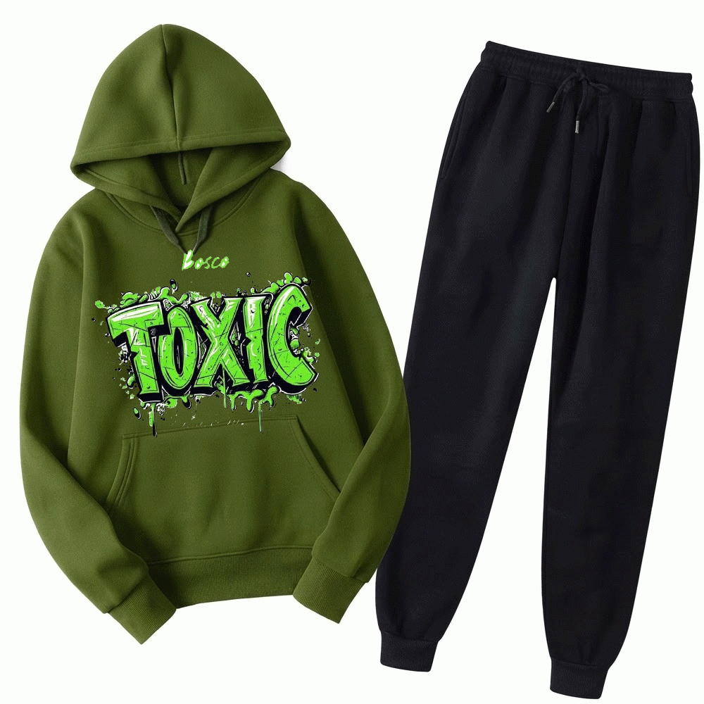 Toxic Drip Graffiti Printed Fleece Tracksuit for Men – Olive Green Hoodie & Black Trousers