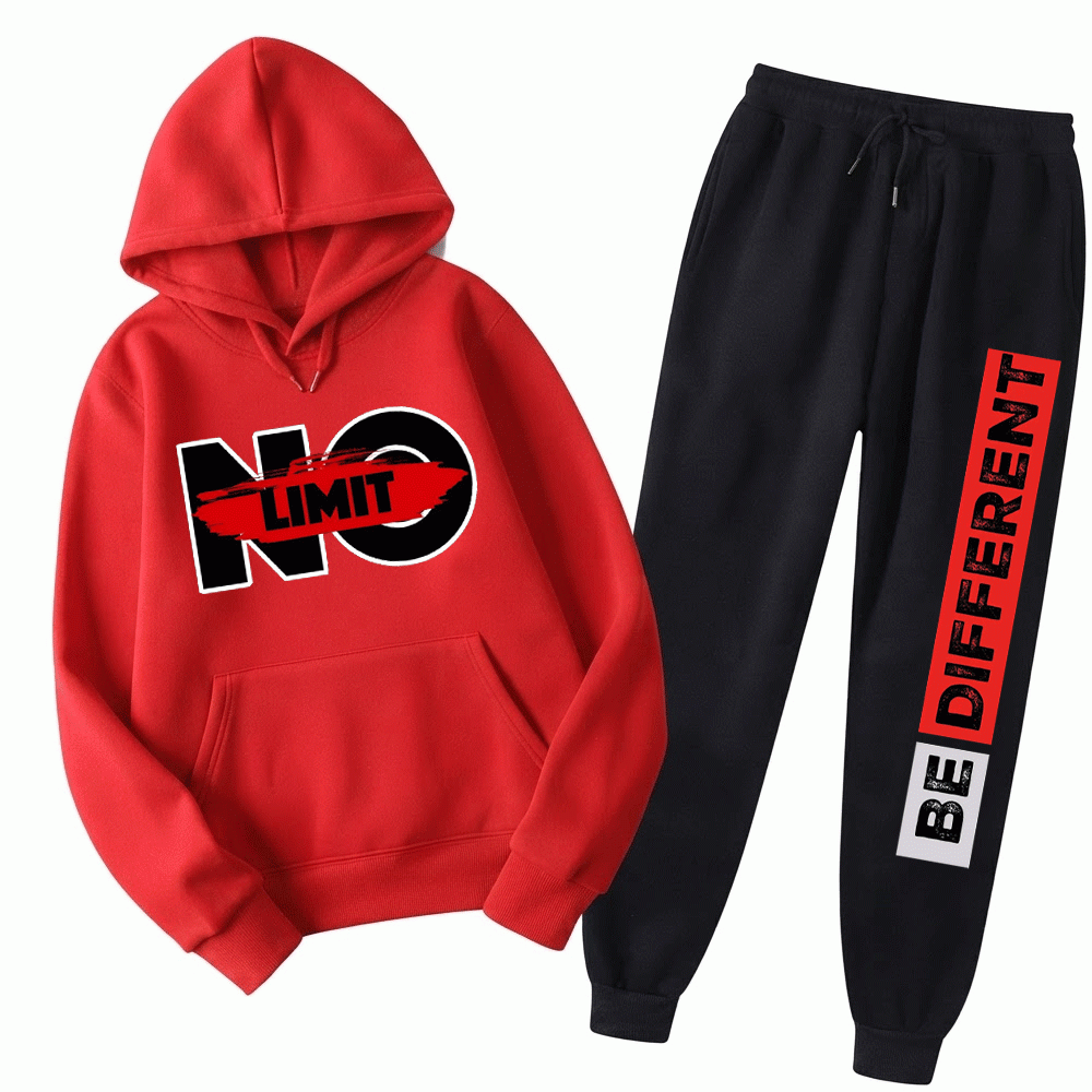 Men's No Limit / Be Different Typography Fleece Tracksuit – Red & Black