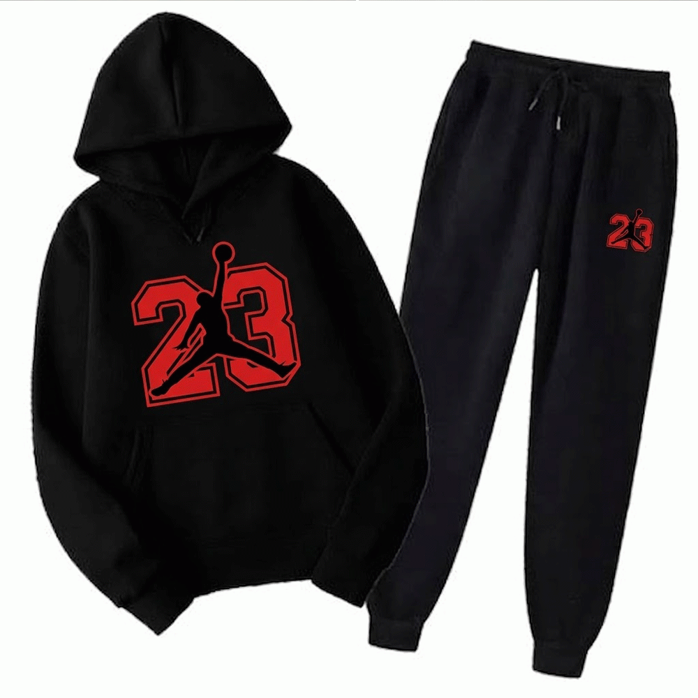 23 Printed Fleece Tracksuit for Men – All-Black Hoodie & Trouser Set