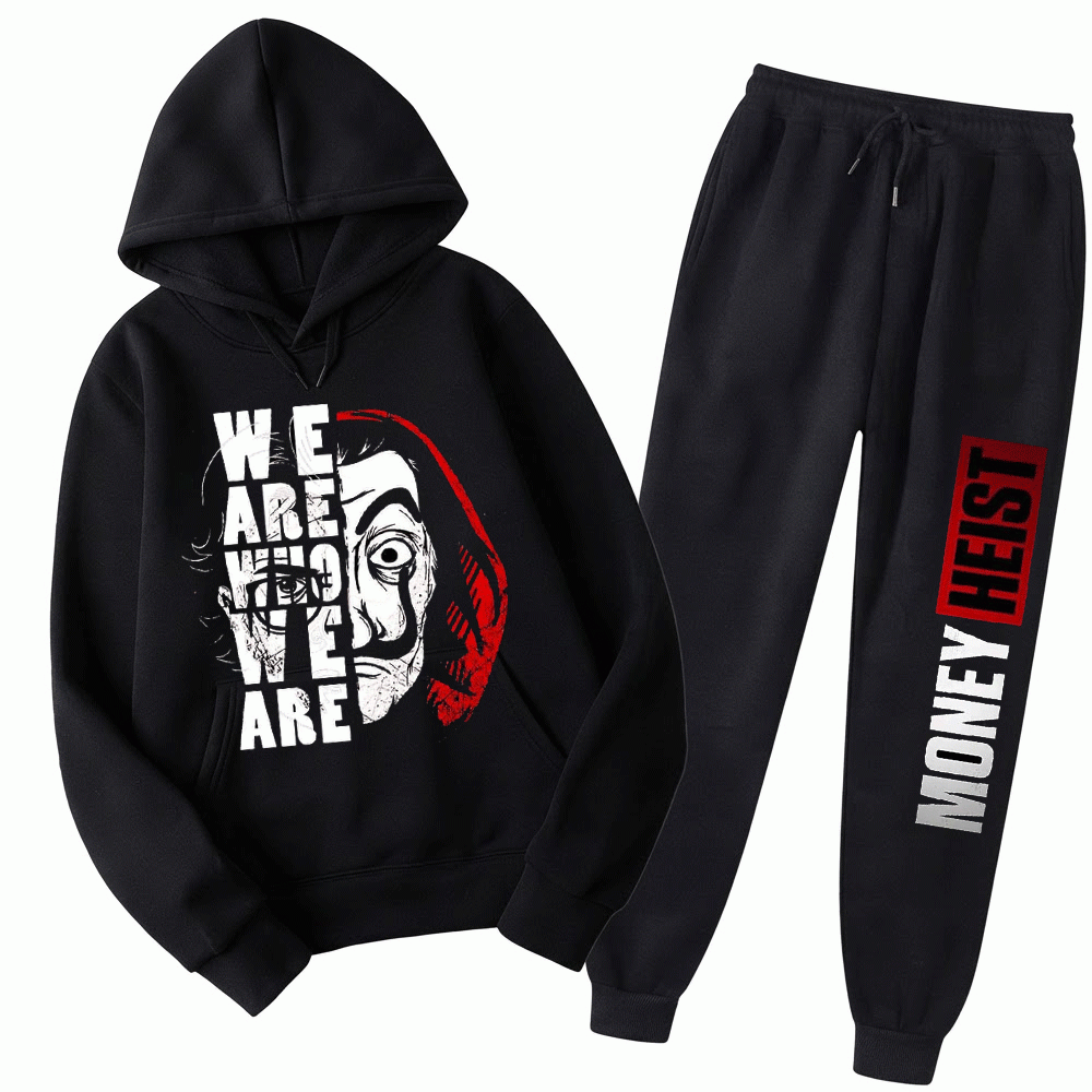 Money Heist Salvador Dalí Mask Printed Fleece Tracksuit for Men – Black Hoodie & Trouser Set