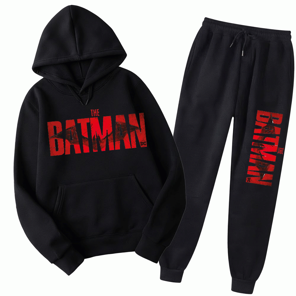 Men's Bat Silhouette Graphic Printed Fleece Tracksuit – Black & Red