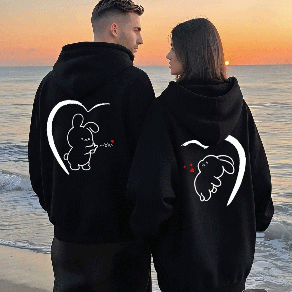 Matching Couple Cute Bunny Love Heart Fleece Hoodies