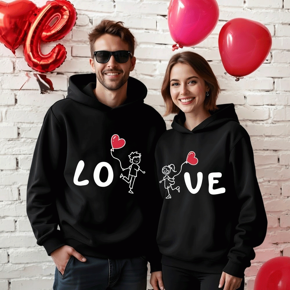Matching Couple "LO-VE" Cartoon Heart Balloon Fleece Hoodies
