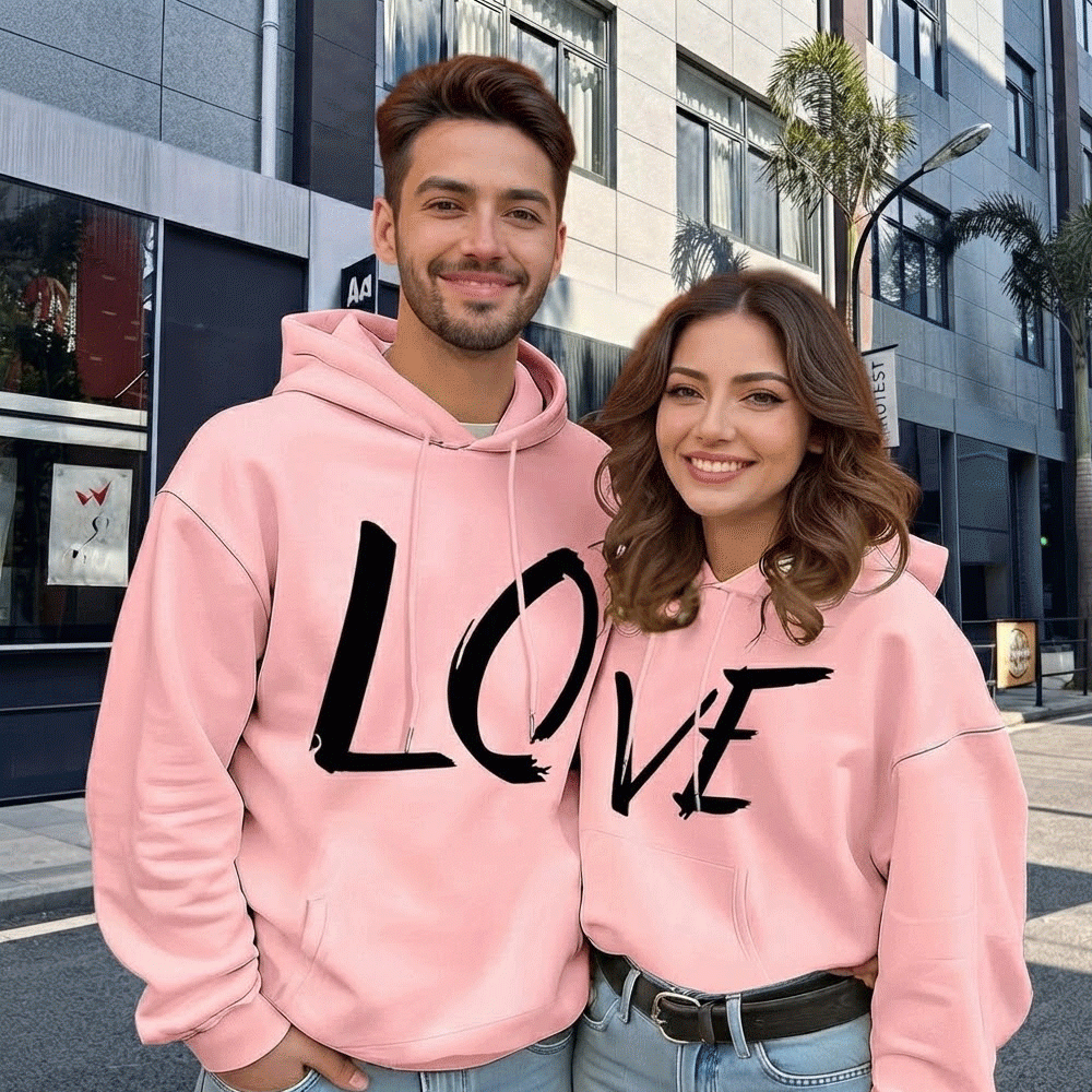 LOVE Matching Couple Hoodies Set – Soft Baby Pink Fleece Printed Hoodies for Men & Women