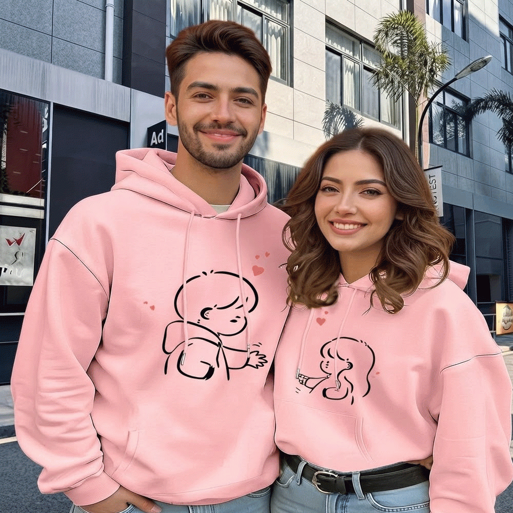 Cute Anime Chibi Couple Matching Hoodies Set – Soft Baby Pink Printed Fleece Hoodies for Men & Women