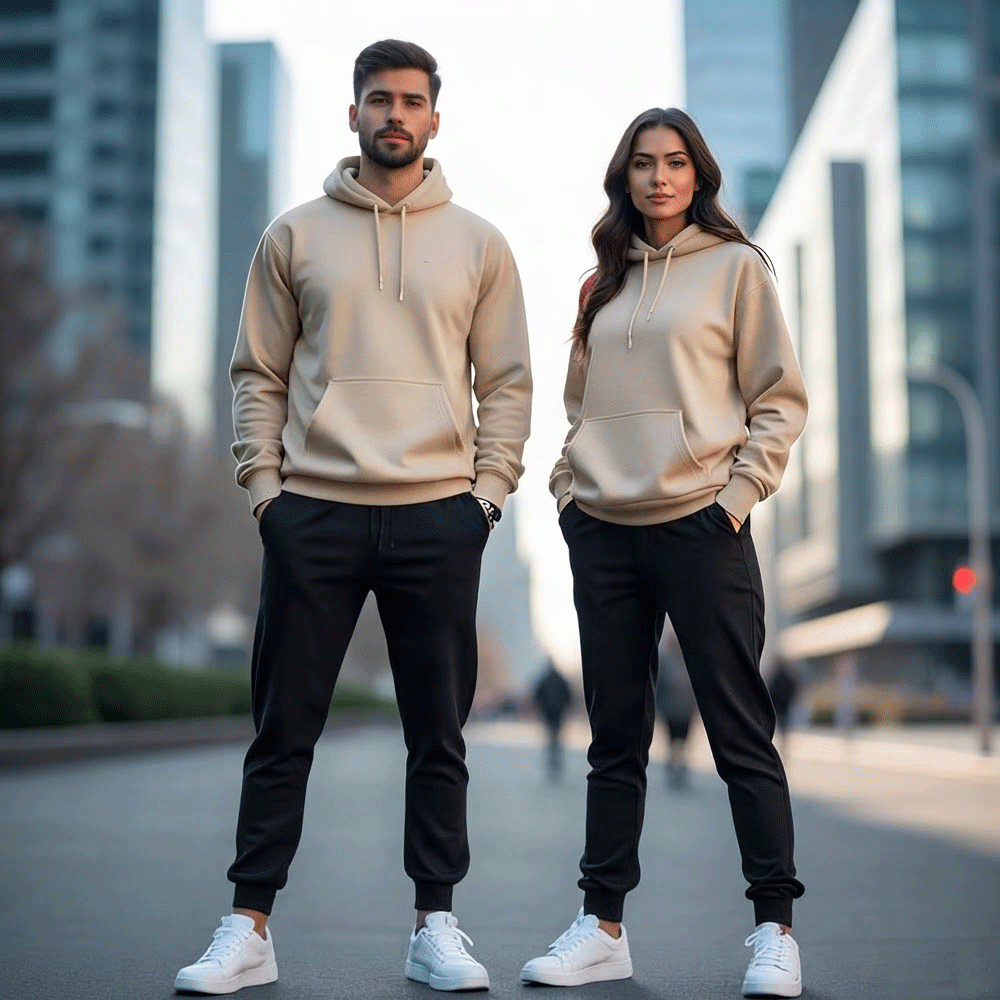 Beige & Black Plain Couple Tracksuit