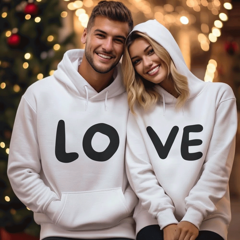 LOVE Matching Couple Hoodies Set – Soft White Printed Fleece Hoodies for Men & Women