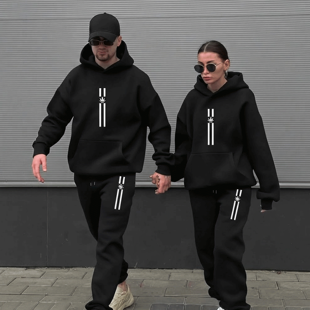 Minimalist Striped Couple Tracksuit Set – Black