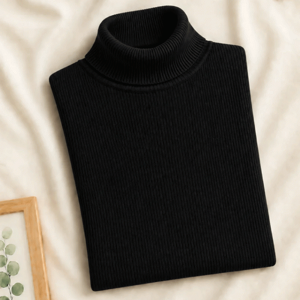 Women's Ribbed Turtleneck Pullover Sweater – Black