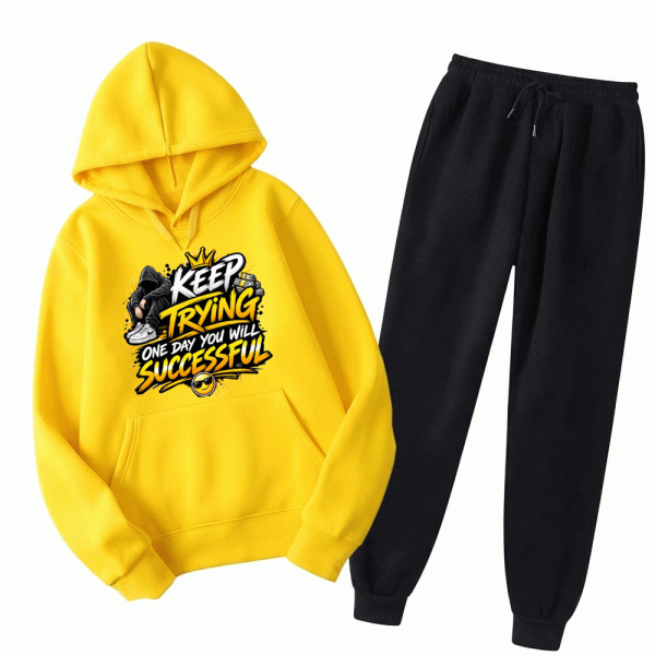 Men's Keep Trying One Day You Will Be Successful Graphic Fleece Tracksuit – Yellow & Black