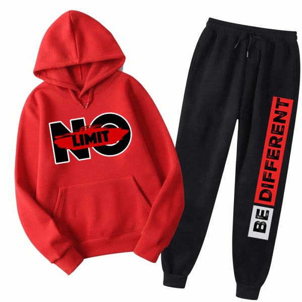 Men's No Limit / Be Different Typography Fleece Tracksuit – Red & Black