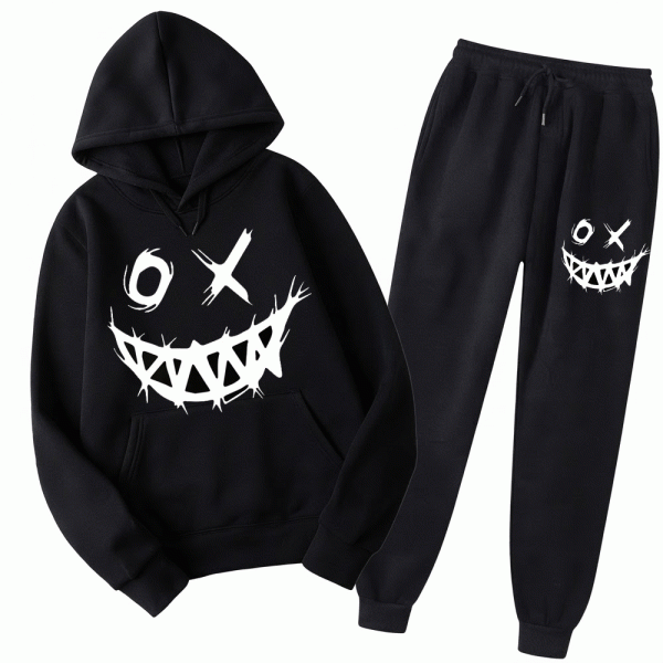 Men's Evil Smile Graphic Printed Fleece Tracksuit – Black & White
