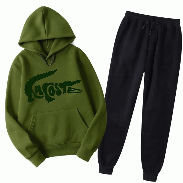 Lacoste Crocodile Printed Fleece Tracksuit for Men – Olive Green Hoodie & Black Trousers